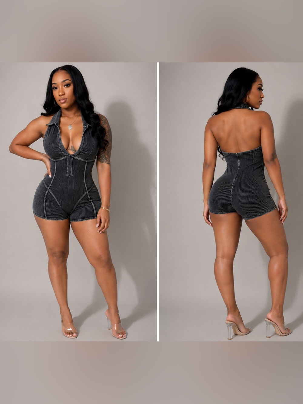 Deep V Halter Denim Romper in Washed Black